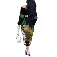 Personalised New Zealand Kakapo Off The Shoulder Long Sleeve Dress Aotearoa Fern With Manuka LT14 - Polynesian Pride