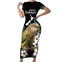 Personalised New Zealand Kakapo Short Sleeve Bodycon Dress Aotearoa Fern With Manuka LT14 Long Dress Black - Polynesian Pride