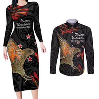 Personalised New Zealand Kea Couples Matching Long Sleeve Bodycon Dress and Long Sleeve Button Shirt Nestor Notabilis With Harakeke Maori Pattern