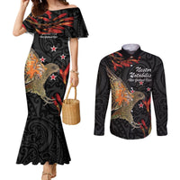 Personalised New Zealand Kea Couples Matching Mermaid Dress and Long Sleeve Button Shirt Nestor Notabilis With Harakeke Maori Pattern LT14 Black - Polynesian Pride