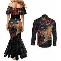 Personalised New Zealand Kea Couples Matching Mermaid Dress and Long Sleeve Button Shirt Nestor Notabilis With Harakeke Maori Pattern LT14 - Polynesian Pride