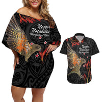 Personalised New Zealand Kea Couples Matching Off Shoulder Short Dress and Hawaiian Shirt Nestor Notabilis With Harakeke Maori Pattern LT14 Black - Polynesian Pride