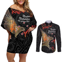 Personalised New Zealand Kea Couples Matching Off Shoulder Short Dress and Long Sleeve Button Shirt Nestor Notabilis With Harakeke Maori Pattern LT14 Black - Polynesian Pride