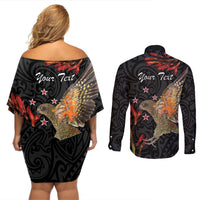 Personalised New Zealand Kea Couples Matching Off Shoulder Short Dress and Long Sleeve Button Shirt Nestor Notabilis With Harakeke Maori Pattern LT14 - Polynesian Pride