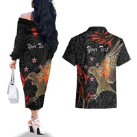 Personalised New Zealand Kea Couples Matching Off The Shoulder Long Sleeve Dress and Hawaiian Shirt Nestor Notabilis With Harakeke Maori Pattern