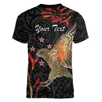 Personalised New Zealand Kea Women V-Neck T-Shirt Nestor Notabilis With Harakeke Maori Pattern