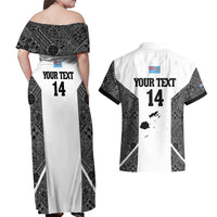 Custom Fiji Tapa Rugby Couples Matching Off Shoulder Maxi Dress and Hawaiian Shirt Flying Fijian Black And White Version