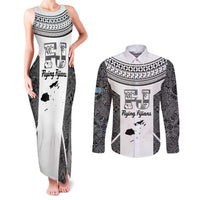 Custom Fiji Tapa Rugby Couples Matching Tank Maxi Dress and Long Sleeve Button Shirt Flying Fijian Black And White Version