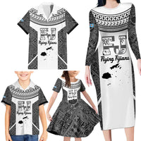 Custom Fiji Tapa Rugby Family Matching Long Sleeve Bodycon Dress and Hawaiian Shirt Flying Fijian Black And White Version
