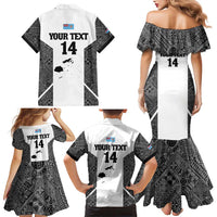 Custom Fiji Tapa Rugby Family Matching Mermaid Dress and Hawaiian Shirt Flying Fijian Black And White Version