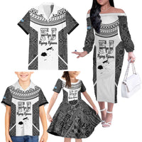 Custom Fiji Tapa Rugby Family Matching Off The Shoulder Long Sleeve Dress and Hawaiian Shirt Flying Fijian Black And White Version
