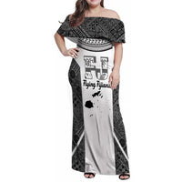 Custom Fiji Tapa Rugby Family Matching Off Shoulder Maxi Dress and Hawaiian Shirt Flying Fijian Black And White Version