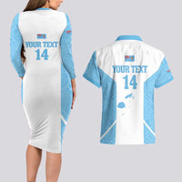 Custom Fiji Tapa Rugby Couples Matching Long Sleeve Bodycon Dress and Hawaiian Shirt Flying Fijian Blue And White Version