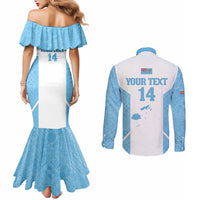 Custom Fiji Tapa Rugby Couples Matching Mermaid Dress and Long Sleeve Button Shirt Flying Fijian Blue And White Version