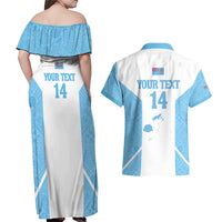 Custom Fiji Tapa Rugby Couples Matching Off Shoulder Maxi Dress and Hawaiian Shirt Flying Fijian Blue And White Version