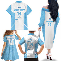 Custom Fiji Tapa Rugby Family Matching Off The Shoulder Long Sleeve Dress and Hawaiian Shirt Flying Fijian Blue And White Version
