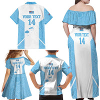 Custom Fiji Tapa Rugby Family Matching Off Shoulder Maxi Dress and Hawaiian Shirt Flying Fijian Blue And White Version