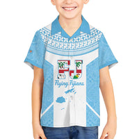 Custom Fiji Tapa Rugby Family Matching Off Shoulder Short Dress and Hawaiian Shirt Flying Fijian Blue And White Version