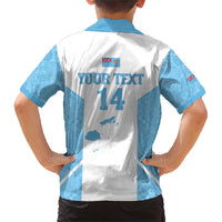 Custom Fiji Tapa Rugby Family Matching Short Sleeve Bodycon Dress and Hawaiian Shirt Flying Fijian Blue And White Version