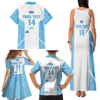 Custom Fiji Tapa Rugby Family Matching Tank Maxi Dress and Hawaiian Shirt Flying Fijian Blue And White Version