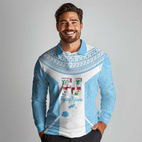 Custom Fiji Tapa Rugby Long Sleeve Polo Shirt Flying Fijian Blue And White Version