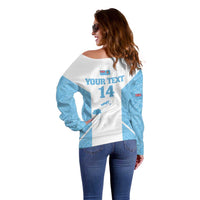 Custom Fiji Tapa Rugby Off Shoulder Sweater Flying Fijian Blue And White Version