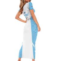 Custom Fiji Tapa Rugby Short Sleeve Bodycon Dress Flying Fijian Blue And White Version