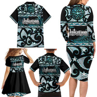 Kia Ora New Zealand Family Matching Long Sleeve Bodycon Dress and Hawaiian Shirt Aotearoa Proud Maori Paua Shell Silver Fern - Polynesian Pride