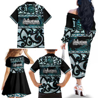 Kia Ora New Zealand Family Matching Off The Shoulder Long Sleeve Dress and Hawaiian Shirt Aotearoa Proud Maori Paua Shell Silver Fern - Polynesian Pride
