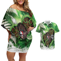 Piwakawaka New Zealand Christmas In July Couples Matching Off Shoulder Short Dress and Hawaiian Shirt NZ Aroha Koru Fern Marble Vibes LT14 Green - Polynesian Pride