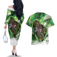 Piwakawaka New Zealand Christmas In July Couples Matching Off The Shoulder Long Sleeve Dress and Hawaiian Shirt NZ Aroha Koru Fern Marble Vibes LT14 - Polynesian Pride