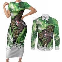Piwakawaka New Zealand Christmas In July Couples Matching Short Sleeve Bodycon Dress and Long Sleeve Button Shirt NZ Aroha Koru Fern Marble Vibes LT14 Green - Polynesian Pride