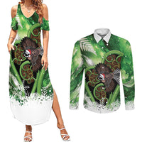 Piwakawaka New Zealand Christmas In July Couples Matching Summer Maxi Dress and Long Sleeve Button Shirt NZ Aroha Koru Fern Marble Vibes LT14 Green - Polynesian Pride