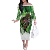 Piwakawaka New Zealand Christmas In July Family Matching Off The Shoulder Long Sleeve Dress and Hawaiian Shirt NZ Aroha Koru Fern Marble Vibes LT14 Mom's Dress Green - Polynesian Pride
