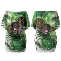 Piwakawaka New Zealand Christmas In July Family Matching Off Shoulder Short Dress and Hawaiian Shirt NZ Aroha Koru Fern Marble Vibes LT14 Mom's Dress Green - Polynesian Pride