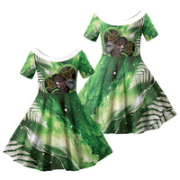 Piwakawaka New Zealand Christmas In July Family Matching Off Shoulder Short Dress and Hawaiian Shirt NZ Aroha Koru Fern Marble Vibes LT14 Daughter's Dress Green - Polynesian Pride