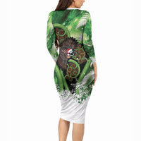 Piwakawaka New Zealand Christmas In July Long Sleeve Bodycon Dress NZ Aroha Koru Fern Marble Vibes LT14 - Polynesian Pride