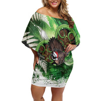 Piwakawaka New Zealand Christmas In July Off Shoulder Short Dress NZ Aroha Koru Fern Marble Vibes LT14 Women Green - Polynesian Pride