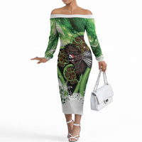 Piwakawaka New Zealand Christmas In July Off The Shoulder Long Sleeve Dress NZ Aroha Koru Fern Marble Vibes LT14 Women Green - Polynesian Pride