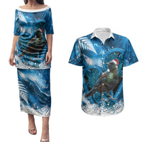 Tui Bird New Zealand Christmas In July Couples Matching Puletasi and Hawaiian Shirt NZ Aroha Koru Fern Marble Vibes LT14 Blue - Polynesian Pride