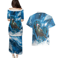 Tui Bird New Zealand Christmas In July Couples Matching Puletasi and Hawaiian Shirt NZ Aroha Koru Fern Marble Vibes LT14 - Polynesian Pride