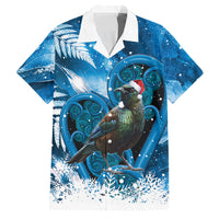 Tui Bird New Zealand Christmas In July Family Matching Off Shoulder Short Dress and Hawaiian Shirt NZ Aroha Koru Fern Marble Vibes LT14 Dad's Shirt - Short Sleeve Blue - Polynesian Pride