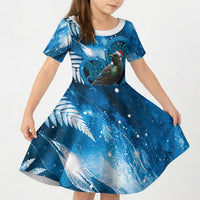 Tui Bird New Zealand Christmas In July Kid Short Sleeve Dress NZ Aroha Koru Fern Marble Vibes LT14 KID Blue - Polynesian Pride
