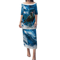 Tui Bird New Zealand Christmas In July Puletasi NZ Aroha Koru Fern Marble Vibes LT14 Long Dress Blue - Polynesian Pride