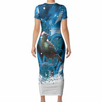 Tui Bird New Zealand Christmas In July Short Sleeve Bodycon Dress NZ Aroha Koru Fern Marble Vibes LT14 - Polynesian Pride
