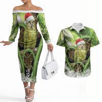 Kakapo New Zealand Christmas In July Couples Matching Off The Shoulder Long Sleeve Dress and Hawaiian Shirt NZ Aroha Koru Fern Marble Vibes LT14 Green - Polynesian Pride