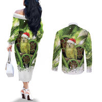 Kakapo New Zealand Christmas In July Couples Matching Off The Shoulder Long Sleeve Dress and Long Sleeve Button Shirt NZ Aroha Koru Fern Marble Vibes LT14 - Polynesian Pride