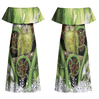Kakapo New Zealand Christmas In July Family Matching Off Shoulder Maxi Dress and Hawaiian Shirt NZ Aroha Koru Fern Marble Vibes LT14 Mom's Dress Green - Polynesian Pride