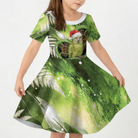 Kakapo New Zealand Christmas In July Kid Short Sleeve Dress NZ Aroha Koru Fern Marble Vibes LT14 KID Green - Polynesian Pride