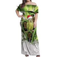 Kakapo New Zealand Christmas In July Off Shoulder Maxi Dress NZ Aroha Koru Fern Marble Vibes LT14 Women Green - Polynesian Pride